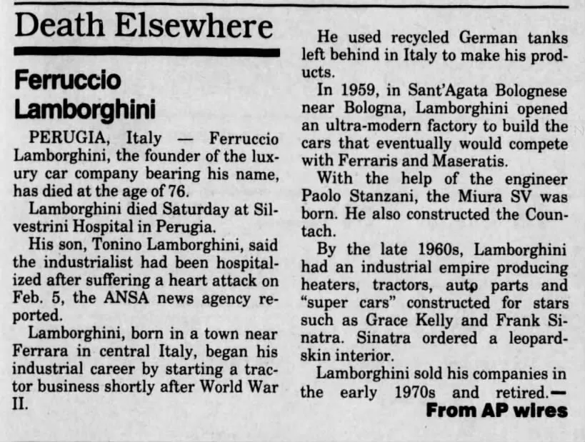 Artikkel om Ferruccio Lombarghinis død i 1993
