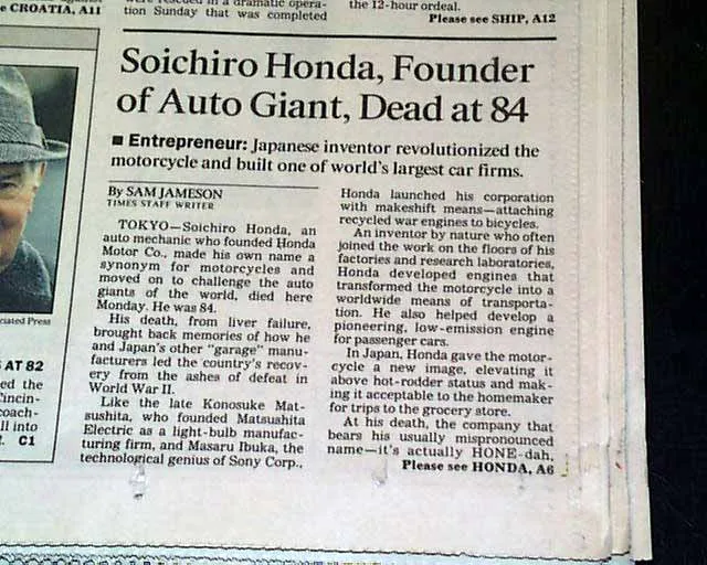 Første rapportdekning om Soichiro Hondas død - Los Angeles Times 1991
